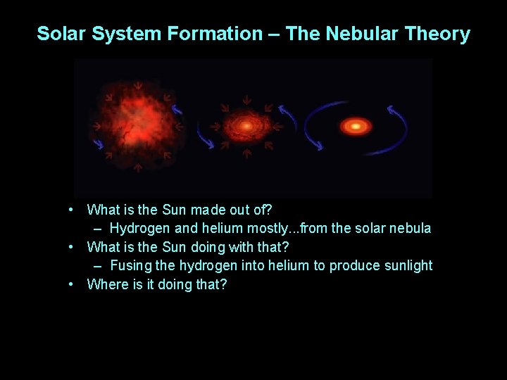 Solar System Formation – The Nebular Theory • What is the Sun made out