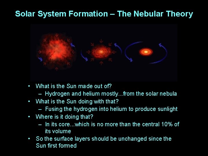 Solar System Formation – The Nebular Theory • What is the Sun made out