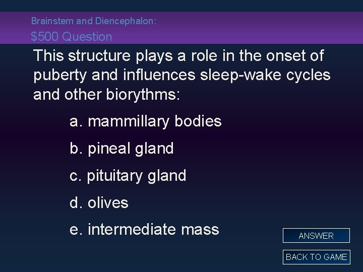 Brainstem and Diencephalon: $500 Question This structure plays a role in the onset of