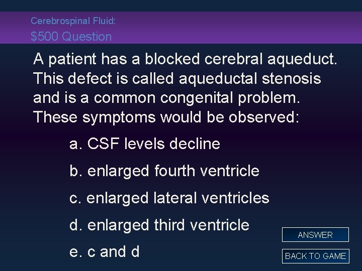 Cerebrospinal Fluid: $500 Question A patient has a blocked cerebral aqueduct. This defect is