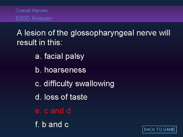 Cranial Nerves: $500 Answer A lesion of the glossopharyngeal nerve will result in this:
