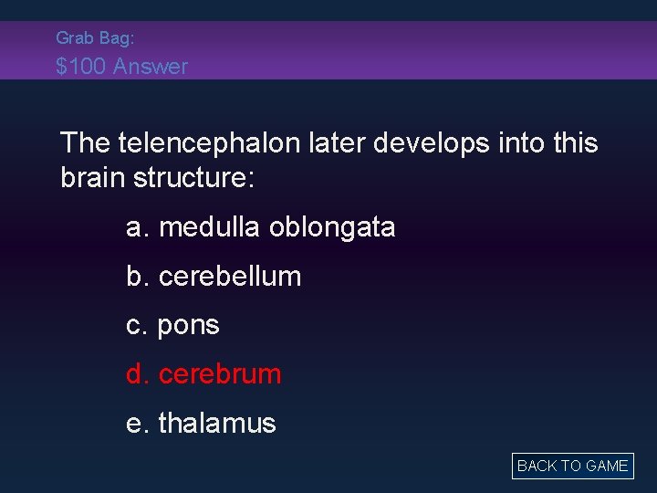 Grab Bag: $100 Answer The telencephalon later develops into this brain structure: a. medulla
