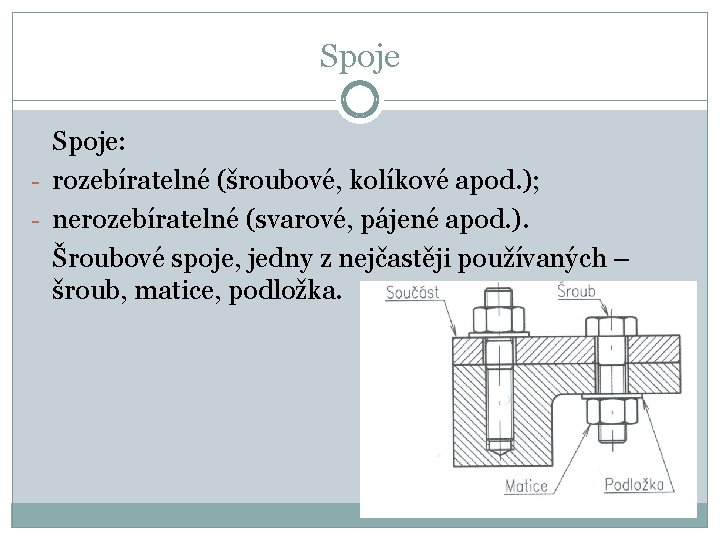 Spoje: - rozebíratelné (šroubové, kolíkové apod. ); - nerozebíratelné (svarové, pájené apod. ). Šroubové