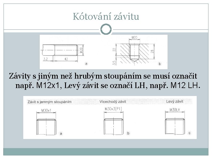 Kótování závitu Závity s jiným než hrubým stoupáním se musí označit např. M 12