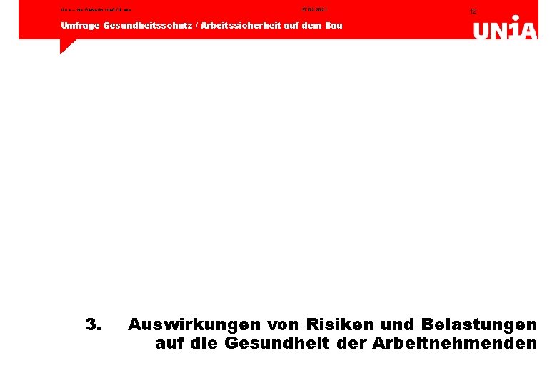 Unia – die Gewerkschaft für alle 27. 02. 2021 12 Umfrage Gesundheitsschutz / Arbeitssicherheit