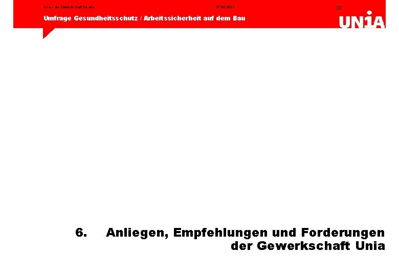 Unia – die Gewerkschaft für alle 27. 02. 2021 33 Umfrage Gesundheitsschutz / Arbeitssicherheit