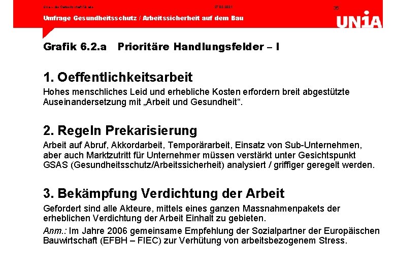 Unia – die Gewerkschaft für alle 27. 02. 2021 35 Umfrage Gesundheitsschutz / Arbeitssicherheit