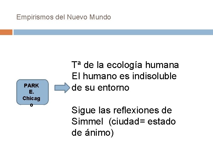 Empirismos del Nuevo Mundo PARK E. Chicag o Tª de la ecología humana El