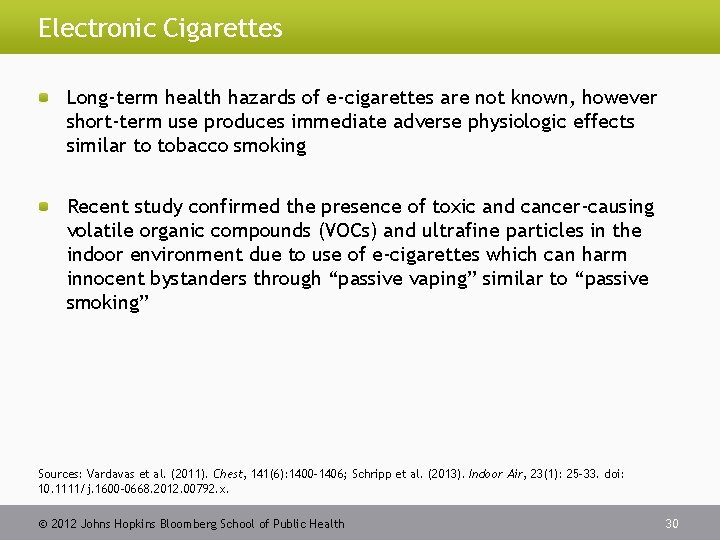 Electronic Cigarettes Long-term health hazards of e-cigarettes are not known, however short-term use produces