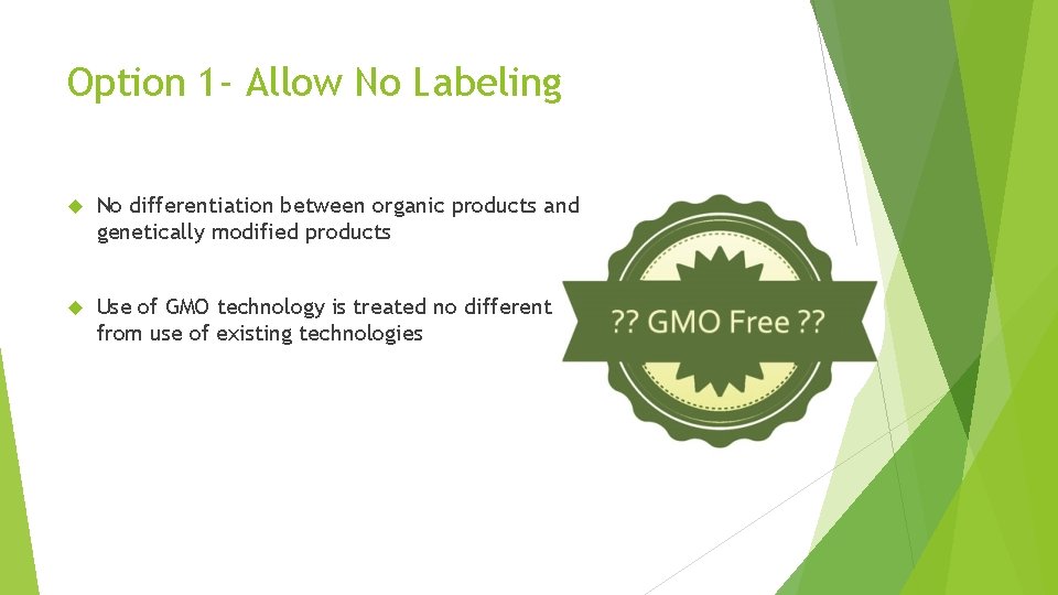 Option 1 - Allow No Labeling No differentiation between organic products and genetically modified