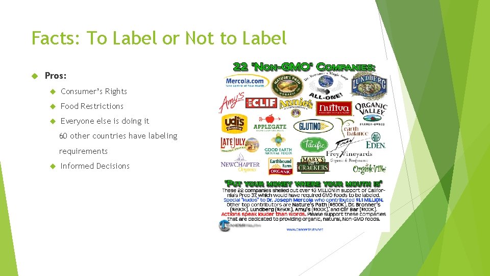 Facts: To Label or Not to Label Pros: Consumer’s Rights Food Restrictions Everyone else