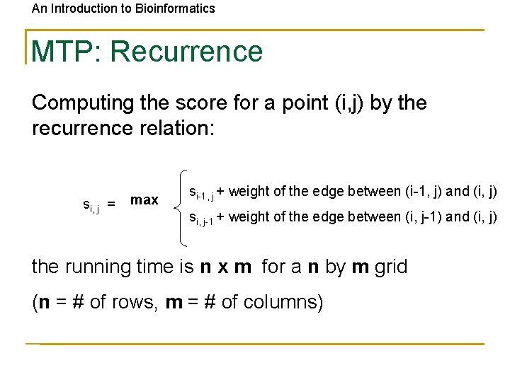 An Introduction to Bioinformatics MTP: Recurrence Computing the score for a point (i, j)