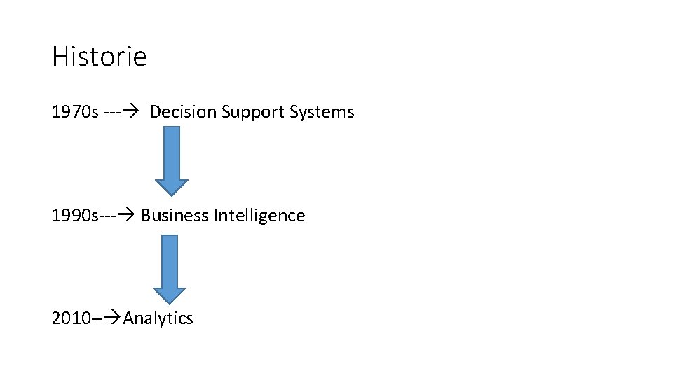 Historie 1970 s --- Decision Support Systems 1990 s--- Business Intelligence 2010 -- Analytics