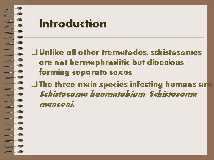 Introduction q Unlike all other trematodes, schistosomes are not hermaphroditic but dioecious, forming separate