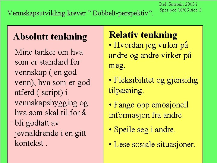 Vennskapsutvikling krever ” Dobbelt-perspektiv”. Absolutt tenkning Mine tanker om hva som er standard for