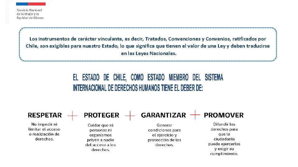 Los instrumentos de carácter vinculante, es decir, Tratados, Convenciones y Convenios, ratificados por Chile,