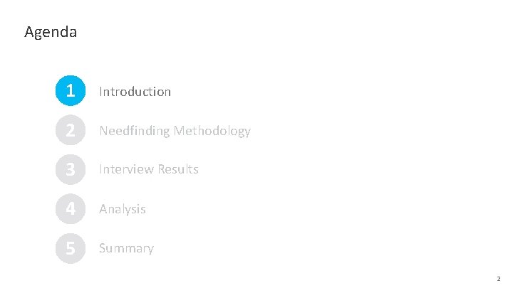 Agenda 1 Introduction 2 Needfinding Methodology 3 Interview Results 4 Analysis 5 Summary 2