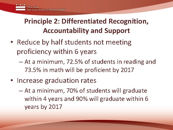 Principle 2: Differentiated Recognition, Accountability and Support • Reduce by half students not meeting