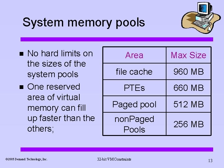 System memory pools n n No hard limits on the sizes of the system