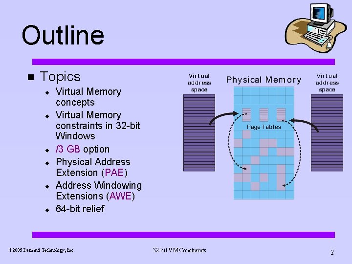 Outline n Topics ¨ ¨ ¨ Virtual Memory concepts Virtual Memory constraints in 32