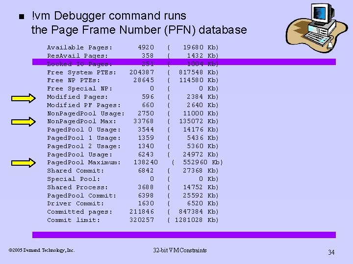 n !vm Debugger command runs the Page Frame Number (PFN) database Available Pages: 4920