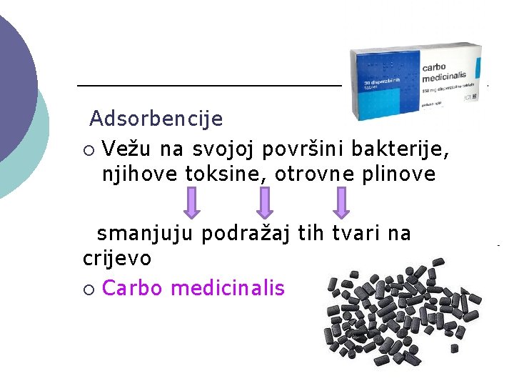 Adsorbencije ¡ Vežu na svojoj površini bakterije, njihove toksine, otrovne plinove smanjuju podražaj tih