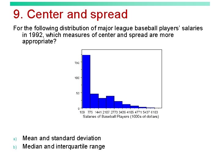 9. Center and spread For the following distribution of major league baseball players’ salaries