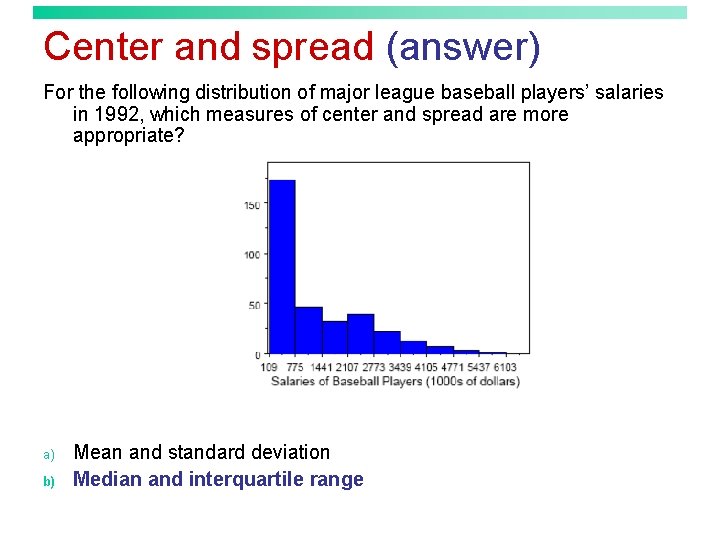 Center and spread (answer) For the following distribution of major league baseball players’ salaries