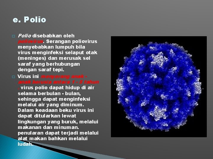 e. Polio � � Polio disebabkan oleh poliovirus. Serangan poliovirus menyebabkan lumpuh bila virus e. Polio � � Polio disebabkan oleh poliovirus. Serangan poliovirus menyebabkan lumpuh bila virus