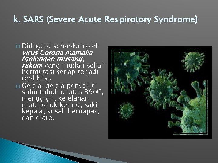 k. SARS (Severe Acute Respirotory Syndrome) � Diduga disebabkan oleh virus Corona mamalia (golongan