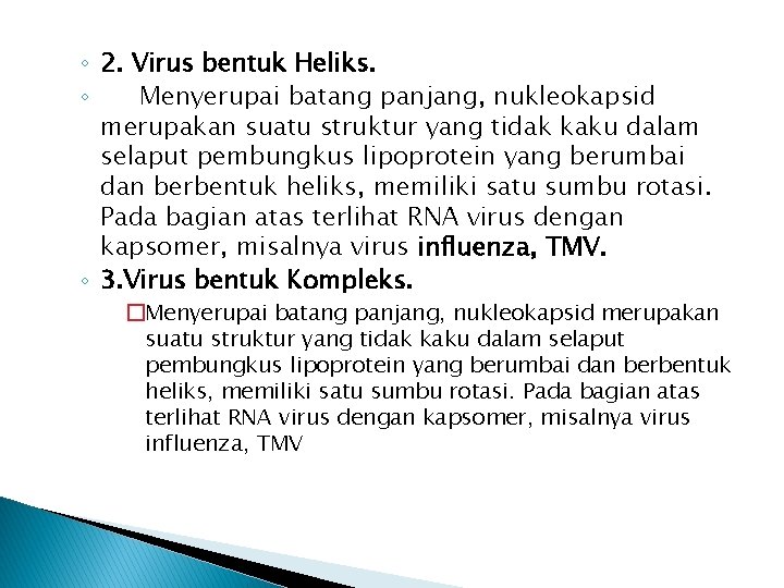 ◦ 2. Virus bentuk Heliks. ◦ Menyerupai batang panjang, nukleokapsid merupakan suatu struktur yang