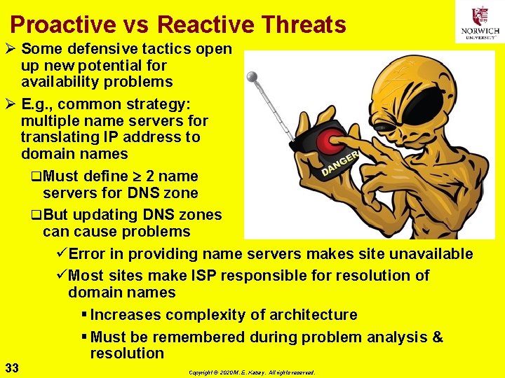 Proactive vs Reactive Threats Ø Some defensive tactics open up new potential for availability
