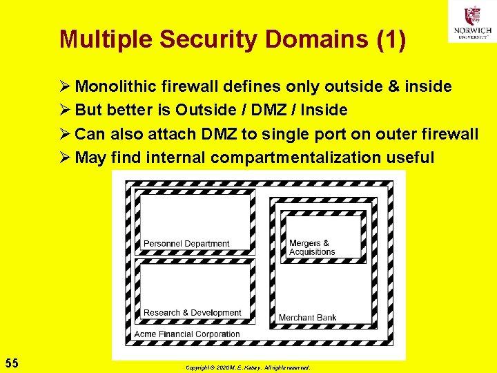 Multiple Security Domains (1) Ø Monolithic firewall defines only outside & inside Ø But