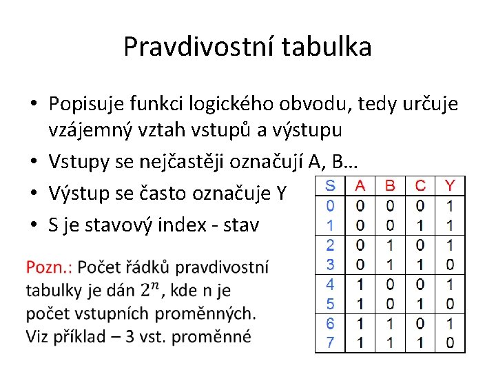 Pravdivostní tabulka • Popisuje funkci logického obvodu, tedy určuje vzájemný vztah vstupů a výstupu