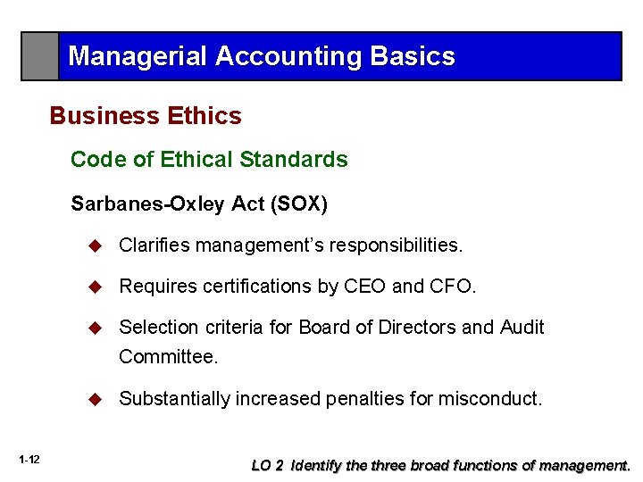 Managerial Accounting Basics Business Ethics Code of Ethical Standards Sarbanes-Oxley Act (SOX) 1 -12