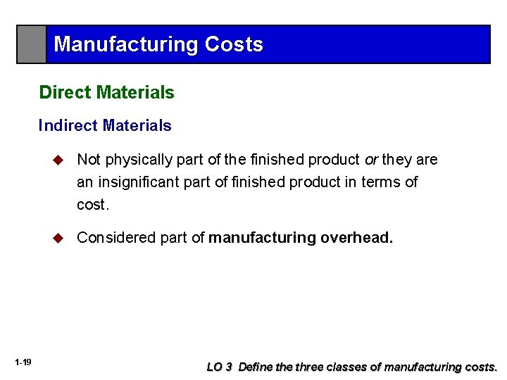 Manufacturing Costs Direct Materials Indirect Materials 1 -19 u Not physically part of the