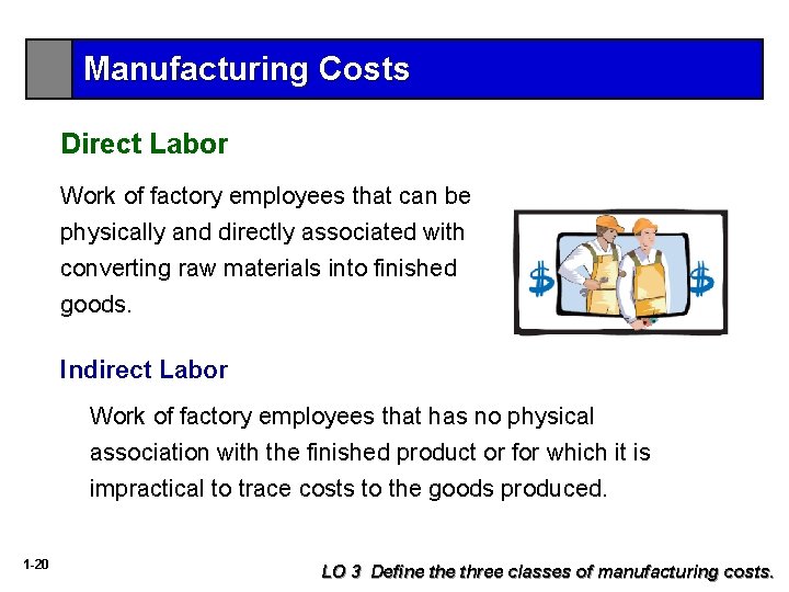 Manufacturing Costs Direct Labor Work of factory employees that can be physically and directly