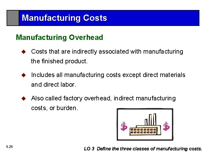 Manufacturing Costs Manufacturing Overhead u Costs that are indirectly associated with manufacturing the finished