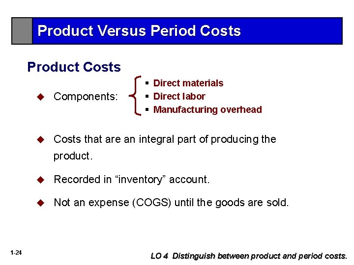 Product Versus Period Costs Product Costs § Direct materials § Direct labor § Manufacturing