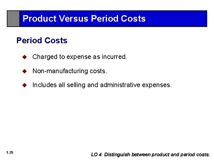 Product Versus Period Costs 1 -25 u Charged to expense as incurred. u Non-manufacturing