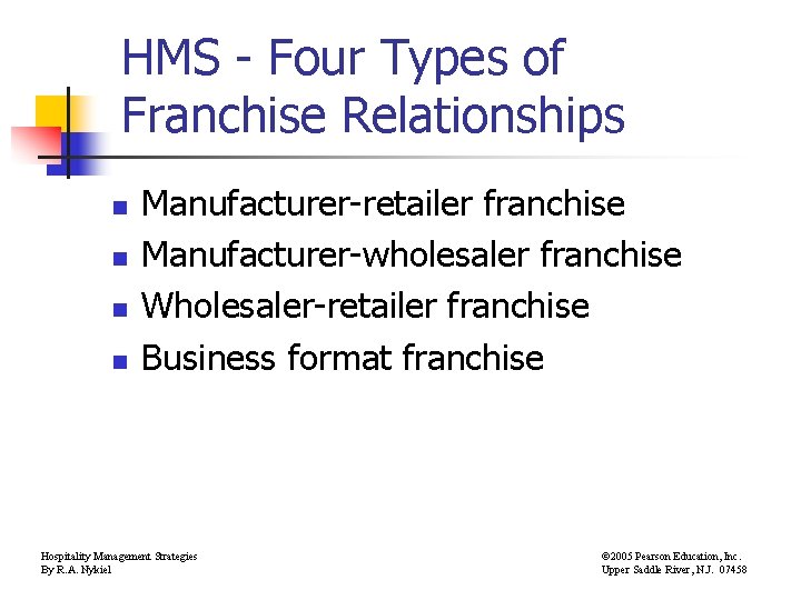 HMS - Four Types of Franchise Relationships n n Manufacturer-retailer franchise Manufacturer-wholesaler franchise Wholesaler-retailer