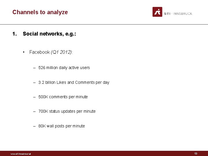 Channels to analyze 1. Social networks, e. g. : • Facebook (Q 1 2012):