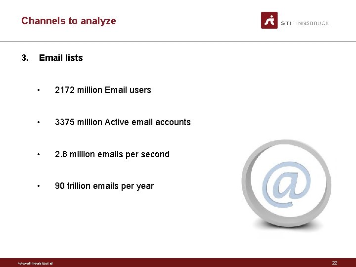 Channels to analyze 3. Email lists • 2172 million Email users • 3375 million