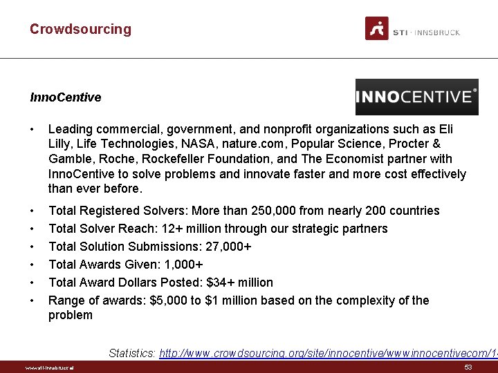 Crowdsourcing Inno. Centive • Leading commercial, government, and nonprofit organizations such as Eli Lilly,