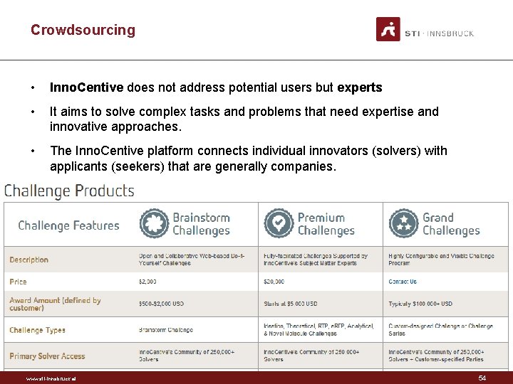 Crowdsourcing • Inno. Centive does not address potential users but experts • It aims