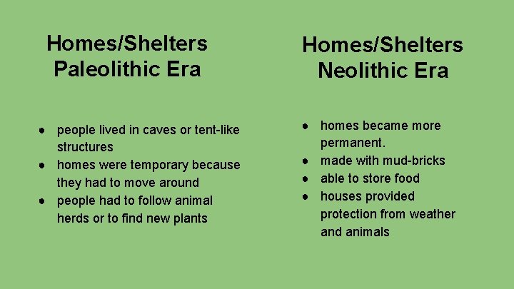 Homes/Shelters Paleolithic Era ● people lived in caves or tent-like structures ● homes were