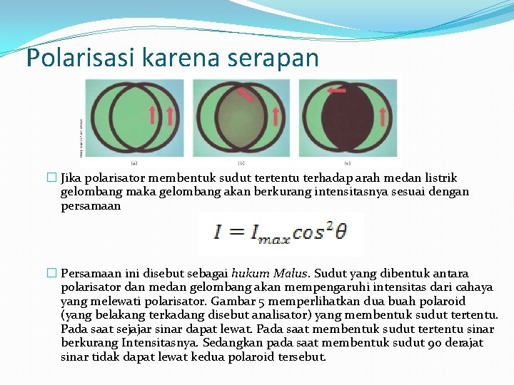 Polarisasi karena serapan � Jika polarisator membentuk sudut tertentu terhadap arah medan listrik gelombang