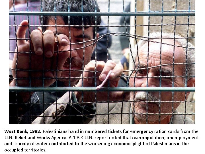 West Bank, 1993. Palestinians hand in numbered tickets for emergency ration cards from the
