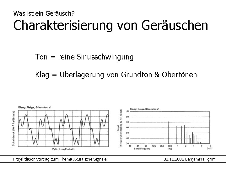 Was ist ein Geräusch? Charakterisierung von Geräuschen Ton = reine Sinusschwingung Klag = Überlagerung