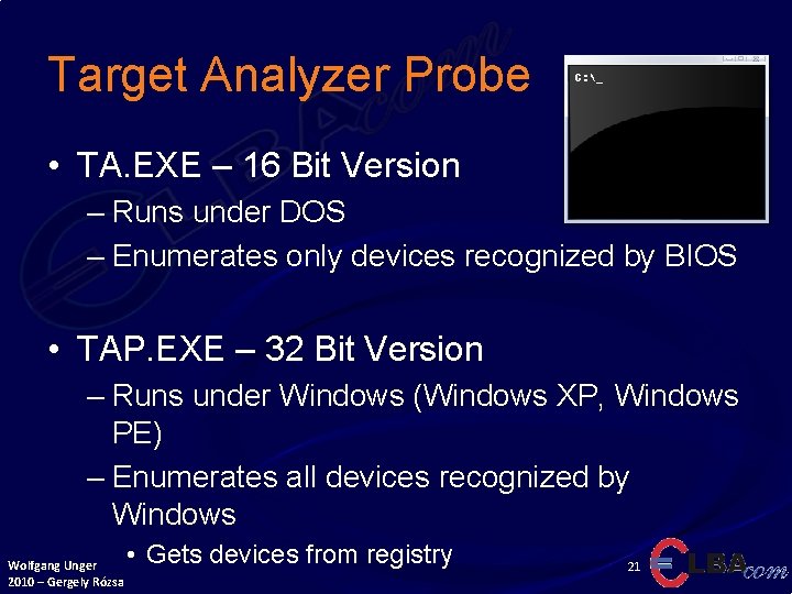 Target Analyzer Probe • TA. EXE – 16 Bit Version – Runs under DOS